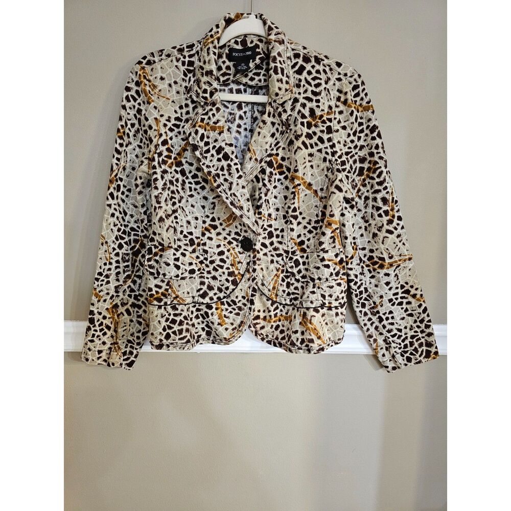 Focus 2000 Linen Animal Print Blazer Size 10 Lightweight Jacket Safari Style